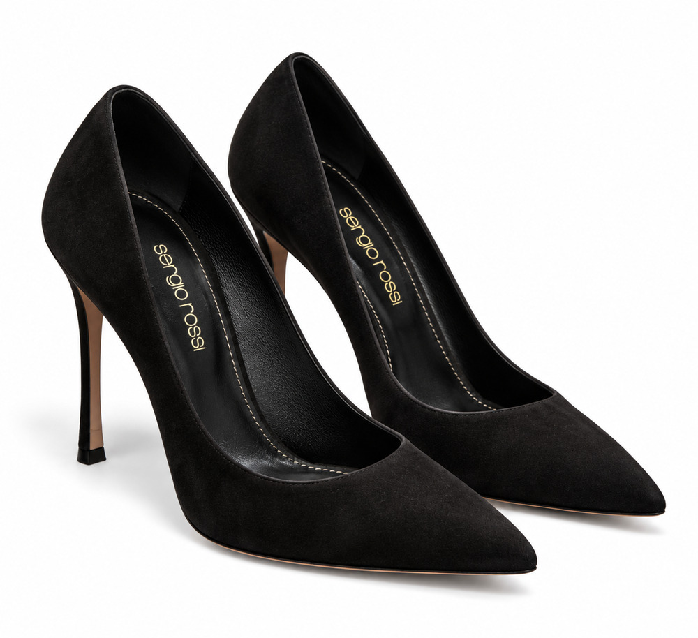 Sergio Rossi Godiva 105 Black Suede Pointed Toe Stiletto Pumps Heels 34